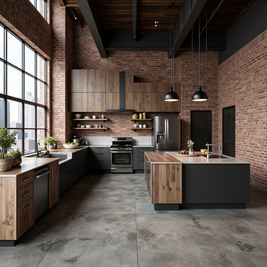 Prompt: Industrial-chic kitchen, exposed brick walls, polished concrete floors, minimalist cabinetry, sleek metal countertops, reclaimed wood accents, industrial-style lighting fixtures, geometric-shaped backsplashes, bold color blocking, matte black appliances, stainless steel hardware, natural stone sinks, modern faucet designs, abundant natural light, high ceilings, urban loft atmosphere, 1/1 composition, shallow depth of field, realistic textures.