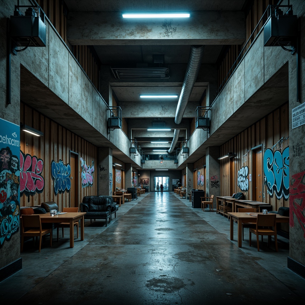 Prompt: Gritty high school buildings, brutalist architecture, raw concrete structures, industrial-style metal beams, exposed ductwork, urban landscape, graffiti-covered walls, distressed finishes, moody atmospheric lighting, cinematic shadows, 1-point perspective composition, low-angle shot, gritty textures, rough stone walls, worn-out wooden floors, retro-futuristic vibes, dystopian ambiance, bold typography, neon accents, industrial-style color palette, muted earth tones, cold blues and greys.