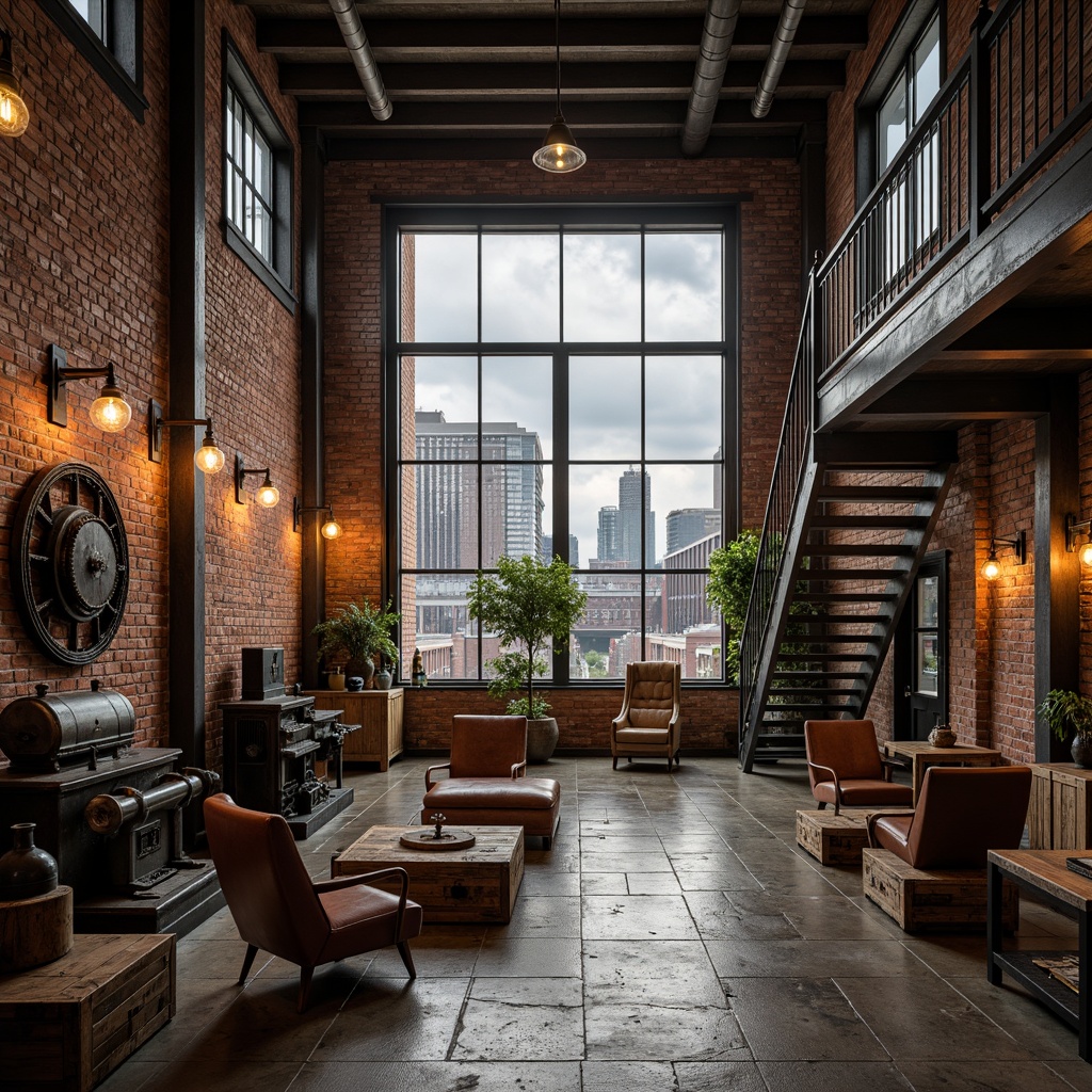 Prompt: Rustic industrial warehouse, exposed brick walls, metal beams, wooden crates, vintage machinery, distressed concrete floors, reclaimed wood accents, Edison light bulbs, metal staircase, worn leather armchairs, old factory windows, urban cityscape, cloudy gray sky, soft warm lighting, shallow depth of field, 3/4 composition, realistic textures, ambient occlusion.