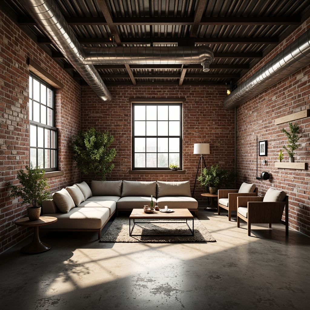 Prompt: Exposed brick walls, metal beams, industrial-chic lighting fixtures, reclaimed wood accents, distressed concrete floors, urban loft atmosphere, exposed ductwork, steel-framed windows, corrugated metal roofs, edgy modern furniture, functional decorative elements, warehouse-inspired aesthetic, rustic textures, neutral color palette, high ceilings, open-plan layout, natural light pouring in, soft warm glow, shallow depth of field, 3/4 composition, realistic materials, ambient occlusion.