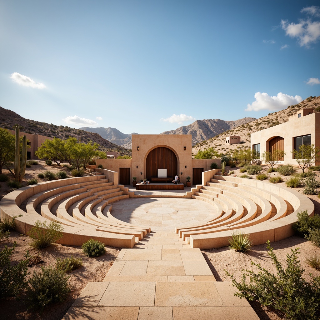 Prompt: Southwestern-style amphitheater, desert landscape, sandy dunes, cactus plants, warm sunny day, clear blue sky, vast open space, natural stone seating, wooden accents, earthy tones, curved lines, organic shapes, sound-absorbing materials, acoustic panels, tiered seating, central performance stage, soft warm lighting, shallow depth of field, 3/4 composition, panoramic view, realistic textures, ambient occlusion.