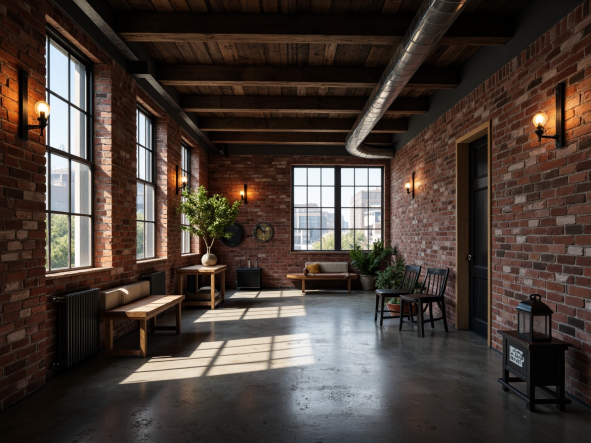 Prompt: Exposed brick walls, metal beams, industrial-style lighting fixtures, reclaimed wood accents, distressed concrete floors, functional metal pipes, vintage machinery parts, urban cityscape views, gritty textures, high-contrast colors, dramatic shadows, cinematic composition, 1-point perspective, moody atmospheric lighting, realistic renderings.