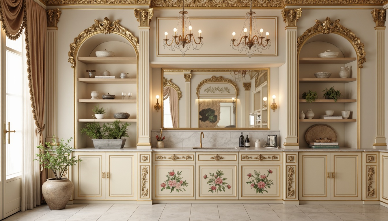 Prompt: Intricate cabinetry, ornate carvings, gilded accents, soft cream colors, delicate florals, curved silhouettes, luxurious fabrics, velvet drapes, crystal chandeliers, intricate moldings, ornate corbels, decorative pilasters, lavish marble countertops, polished brass hardware, opulent lighting fixtures, warm beige background, shallow depth of field, 1/2 composition, softbox lighting, realistic textures, ambient occlusion.