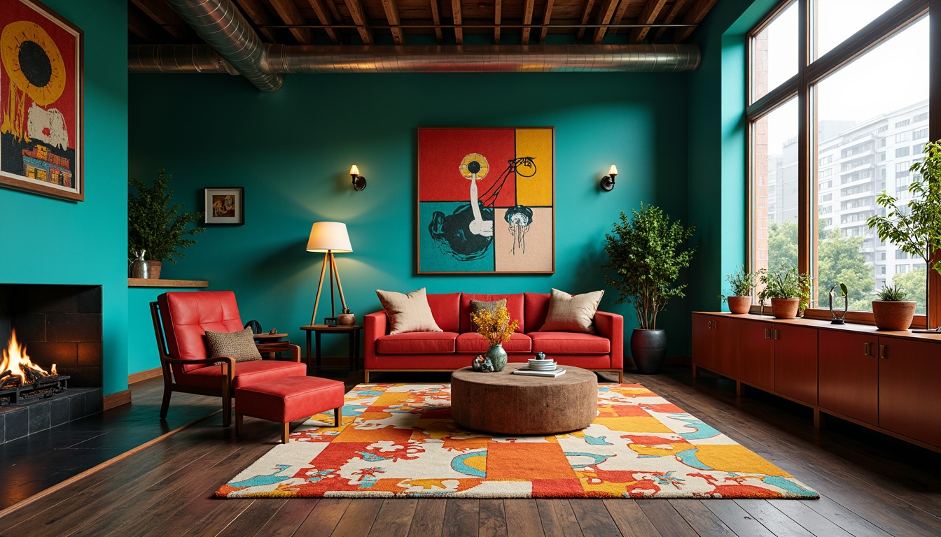 Prompt: Vibrant apartment interior, expressionist style, bold color palette, rich turquoise walls, warm golden accents, deep crimson furniture, sleek metal fixtures, industrial-chic exposed ductwork, reclaimed wood flooring, eclectic art pieces, abstract patterned rugs, oversized windows, natural light pouring in, soft warm glow, atmospheric shadows, 1/2 composition, cinematic lighting, dramatic contrast, moody ambiance.