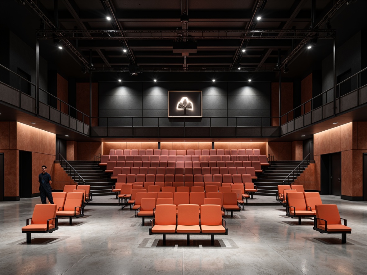 Prompt: Minimalist theater interior, Bauhaus-inspired seating arrangement, geometric patterns, rectangular shapes, industrial materials, steel beams, concrete floors, functional simplicity, bold color accents, asymmetrical layouts, flexible modular seating, ergonomic chair design, adjustable armrests, sleek metal legs, intimate audience experience, dramatic spotlights, high-contrast lighting, 1/2 composition, shallow depth of field, realistic textures.