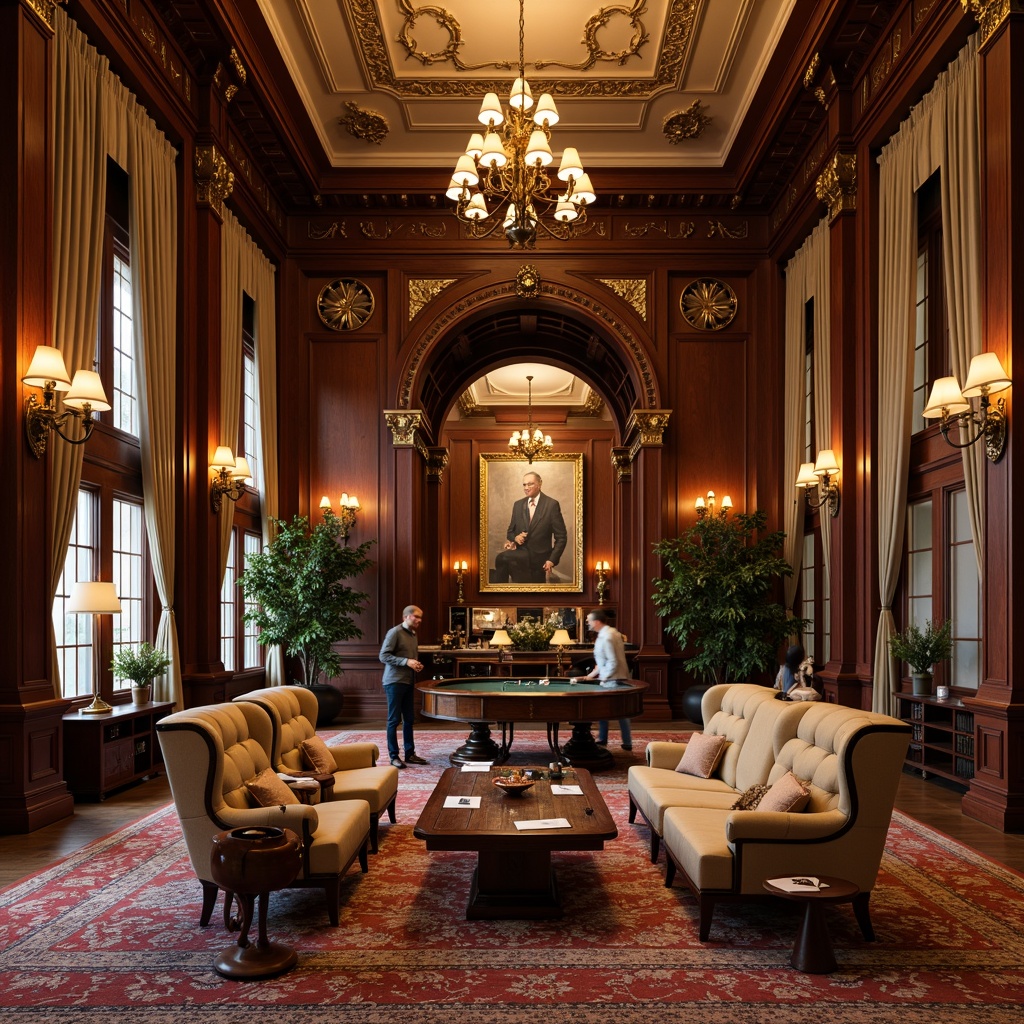 Prompt: Elegant game room, rich wood paneling, ornate moldings, luxurious fabrics, antique furniture pieces, neoclassical archways, symmetrical layouts, grand chandeliers, warm golden lighting, plush area rugs, stately columns, carved wooden accents, intricate inlays, classic pedestal tables, sophisticated tufted sofas, refined wingback chairs, majestic floor lamps, subtle gradient shading, 1/1 composition, realistic reflections.