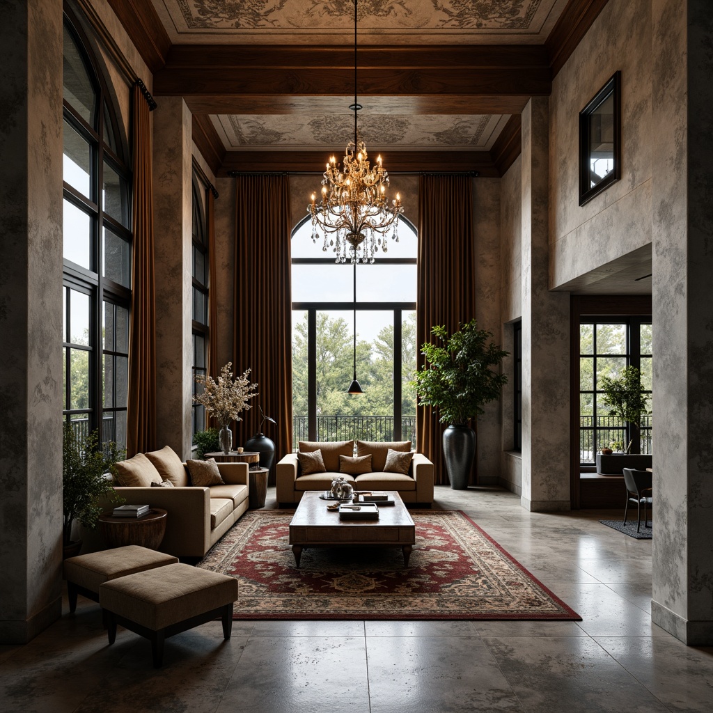 Prompt: Luxurious modern mansion, rough-hewn stone walls, polished marble floors, rich wood accents, ornate metalwork, lavish crystal chandeliers, plush velvet drapes, textured concrete columns, distressed leather furniture, vintage rug patterns, moody atmospheric lighting, cinematic composition, high-contrast ratio, shallow depth of field, 2/3 rule, dramatic shadows, intricate architectural details.