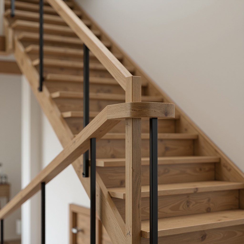 Prompt: Minimalist Scandinavian staircase, sleek wooden handrails, smooth oak banisters, industrial metal newels, matte black fittings, Nordic-inspired design, simple geometric patterns, natural wood textures, warm soft lighting, shallow depth of field, 1/2 composition, realistic renderings, ambient occlusion, cozy atmosphere, comfortable grip, ergonomic design, safety features, modern minimalist aesthetic.