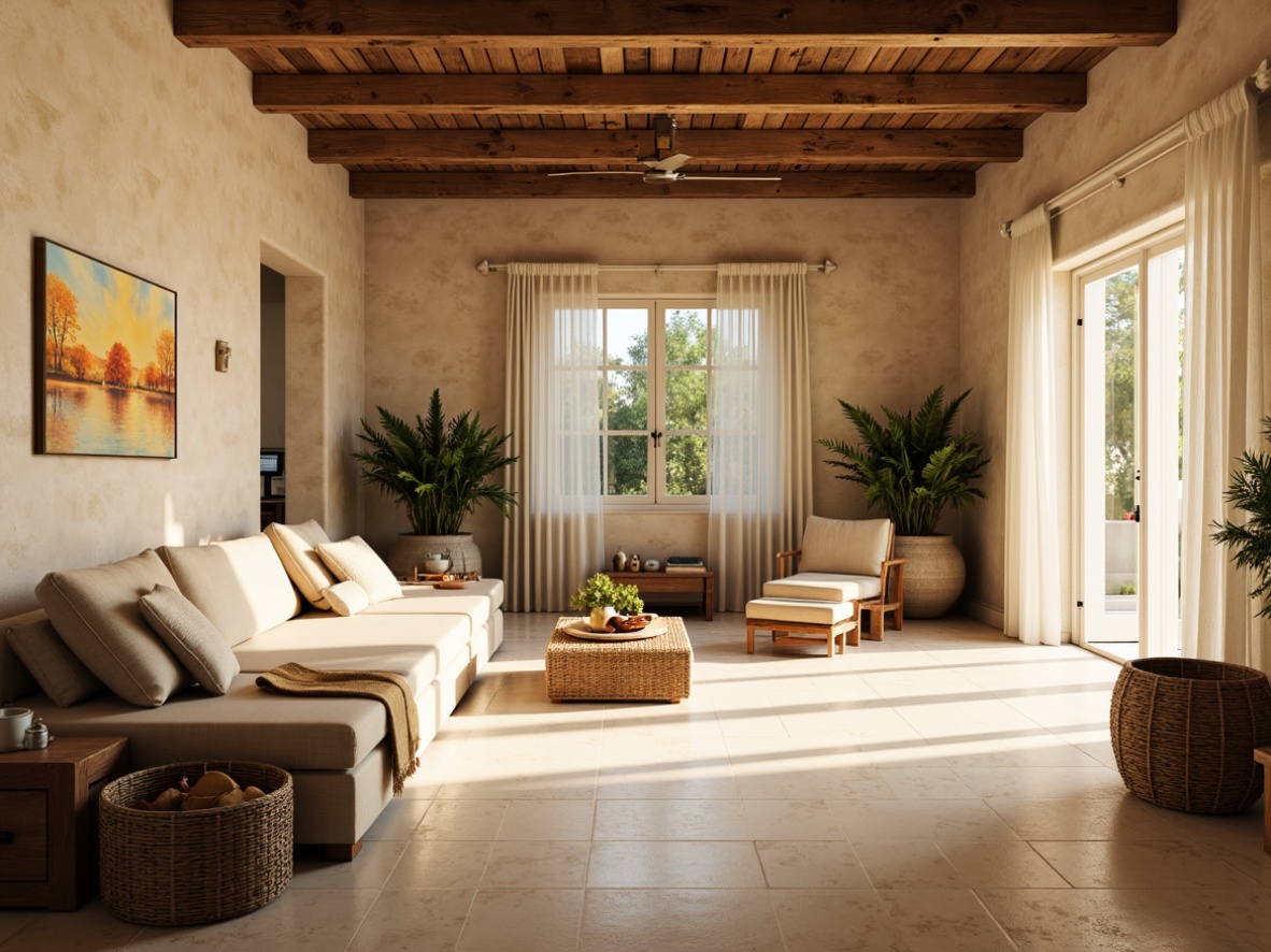 Prompt: Cozy Mediterranean interior, warm beige walls, rustic wooden beams, creamy marble floors, plush furnishings, soft drapery, natural textiles, woven baskets, potted greenery, abundant sunlight, large windows, sliding glass doors, sheer white curtains, bright airy atmosphere, gentle warm glow, soft shadows, 1/1 composition, shallow depth of field, realistic rendering.