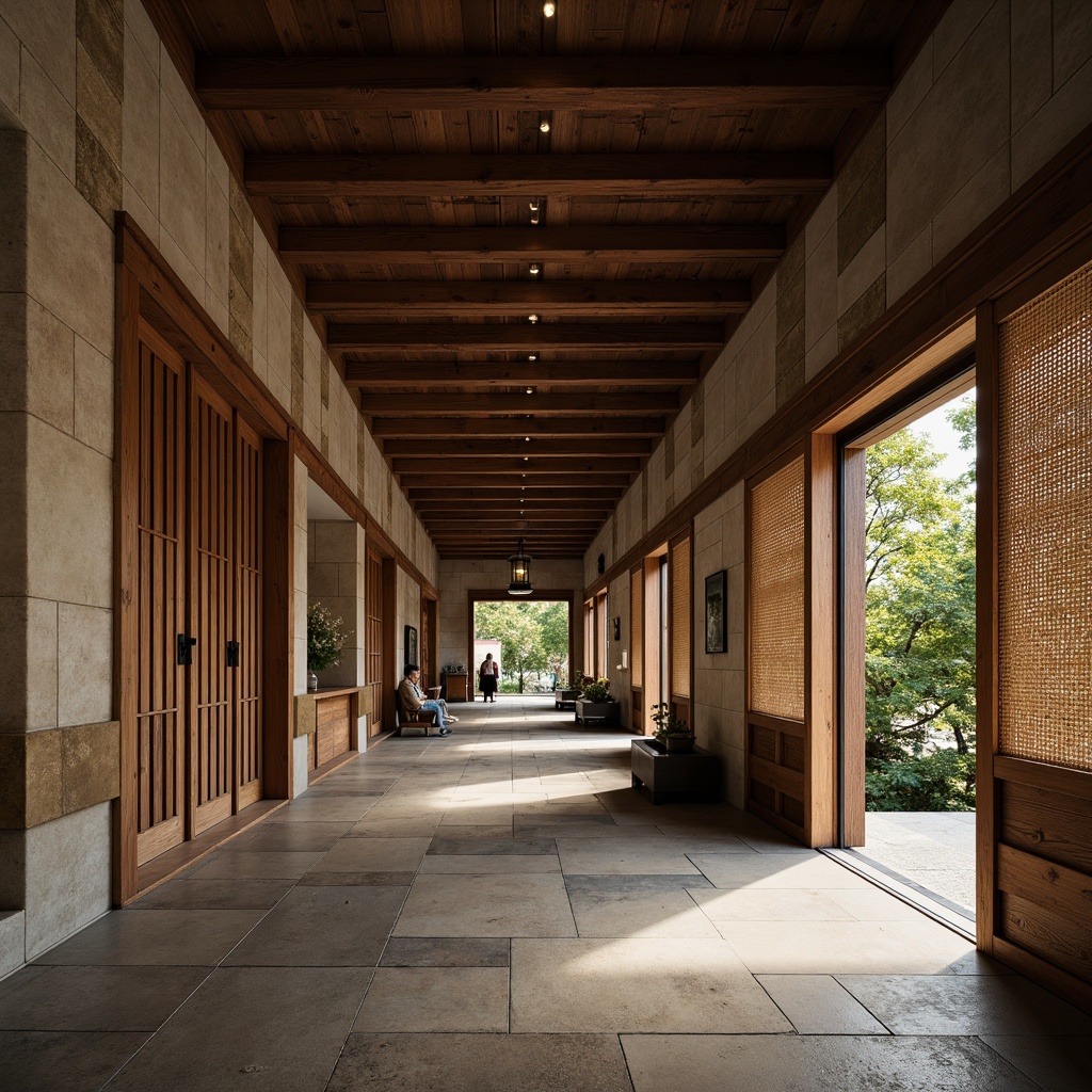 Prompt: Traditional Japanese architecture, rustic stone walls, worn wooden accents, earthy tone color palette, natural fiber textiles, woven bamboo patterns, intricately carved wood panels, ornate metal fixtures, warm soft lighting, subtle gradient effects, shallow depth of field, 1/2 composition, realistic texture rendering, ambient occlusion.