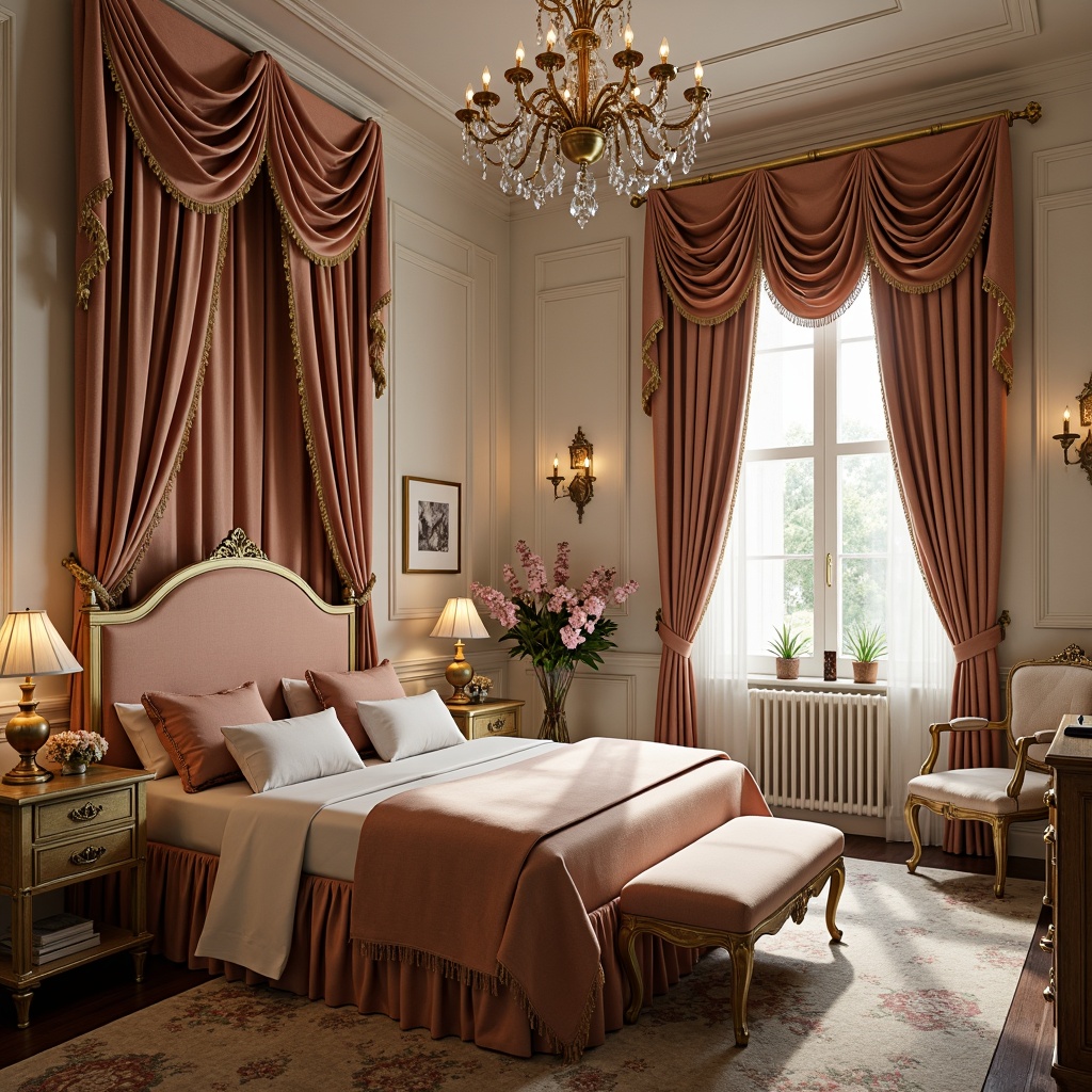 Prompt: Luxurious bedroom, ornate furnishings, rich velvet fabrics, soft golden lighting, delicate lace trimmings, distressed wood accents, opulent drapery, creamy white walls, warm beige tones, subtle pink undertones, lavish crystal chandeliers, intricate carvings, Baroque-inspired patterns, romantic ambiance, dreamy atmosphere, warm inviting textures, shallow depth of field, 1/2 composition, soft focus effect.