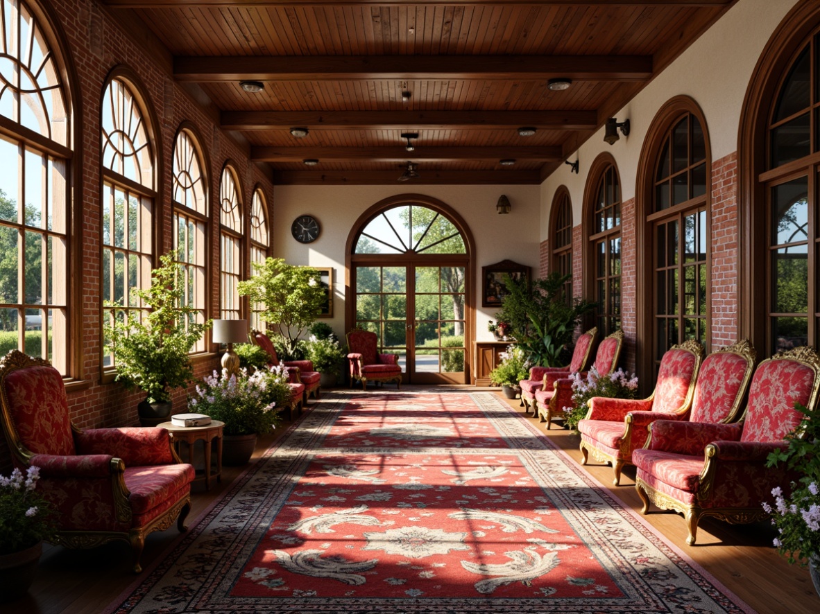 Prompt: Richly ornate kindergarten interior, intricately carved wooden furniture, plush velvet upholstery, vibrant colorful fabrics, antique-inspired decorations, large windows with stained glass, soft warm lighting, traditional English architecture, brick exterior walls, lush greenery, blooming flowers, sunny day, shallow depth of field, 3/4 composition, panoramic view, realistic textures, ambient occlusion.