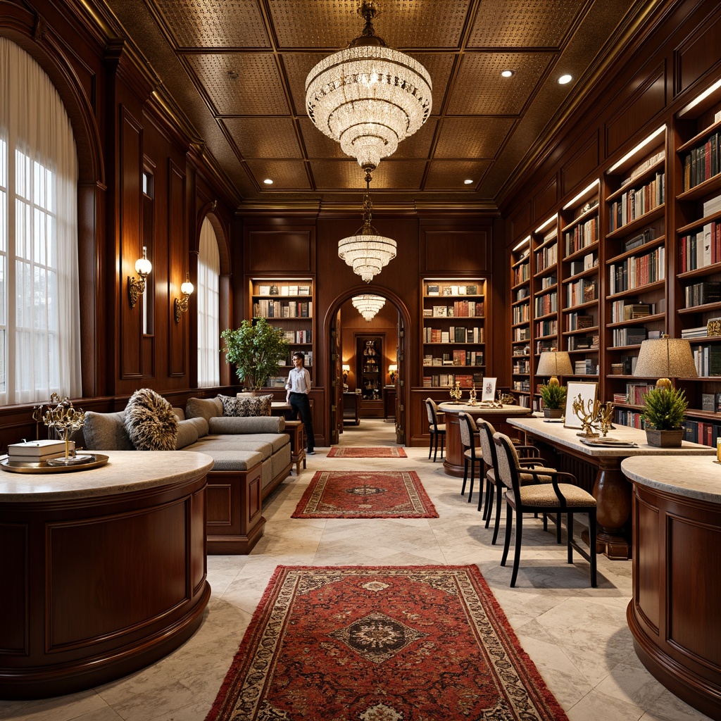 Prompt: Luxurious bookstore interior, ornate metallic accents, rich wood paneling, velvety soft carpets, geometric patterned rugs, lavish crystal chandeliers, elegant curved lines, opulent marble countertops, vintage leather-bound books, gilded bookshelves, metallic mesh ceiling fixtures, warm golden lighting, shallow depth of field, 1/1 composition, realistic textures, ambient occlusion.