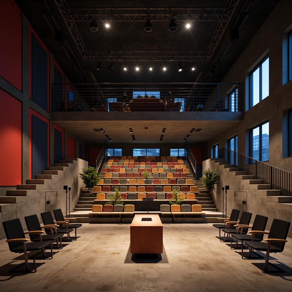 Prompt: Minimalist theater interior, functional furniture, industrial steel chairs, wooden benches, geometric-shaped tables, simple podiums, sleek metal railings, bold color accents, dramatic spotlights, high ceilings, concrete floors, urban cityscape views, evening atmosphere, warm white lighting, shallow depth of field, 2/3 composition, cinematic camera angles, realistic textures, ambient occlusion.