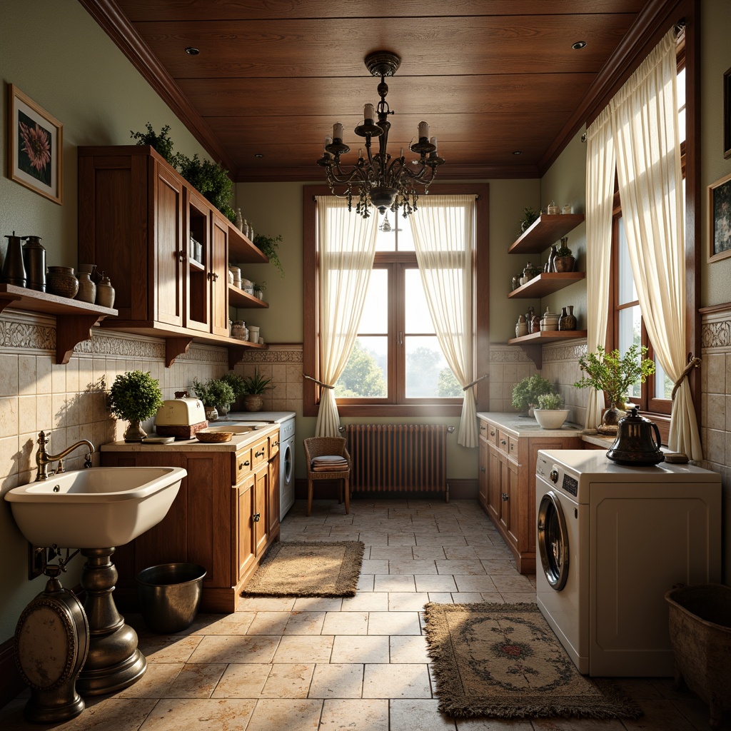 Prompt: Ornate Victorian-era laundry room, rich wood cabinetry, porcelain sinks, ornamental faucets, delicate lace curtains, floral patterned tiles, soft pastel color palette, warm golden lighting, subtle steam effects, rustic metal washing machines, vintage-inspired irons, distressed wooden shelves, antique decorative accents, plush area rugs, elegant chandeliers, 1/1 composition, shallow depth of field, realistic textures.