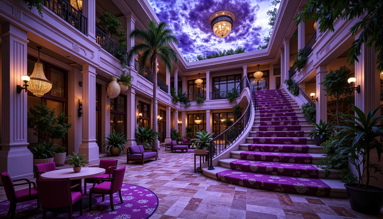 Prompt: Vibrant heliotrope architecture, swirling purple hues, iridescent blue undertones, warm golden accents, lush greenery, ornate details, Baroque-inspired ornaments, grandiose staircases, sweeping archways, lavish chandeliers, rich velvet fabrics, intricate mosaic patterns, opulent furnishings, regal atmosphere, soft natural lighting, dramatic shadows, 1/1 composition, intimate viewpoint, realistic reflections, ambient occlusion.