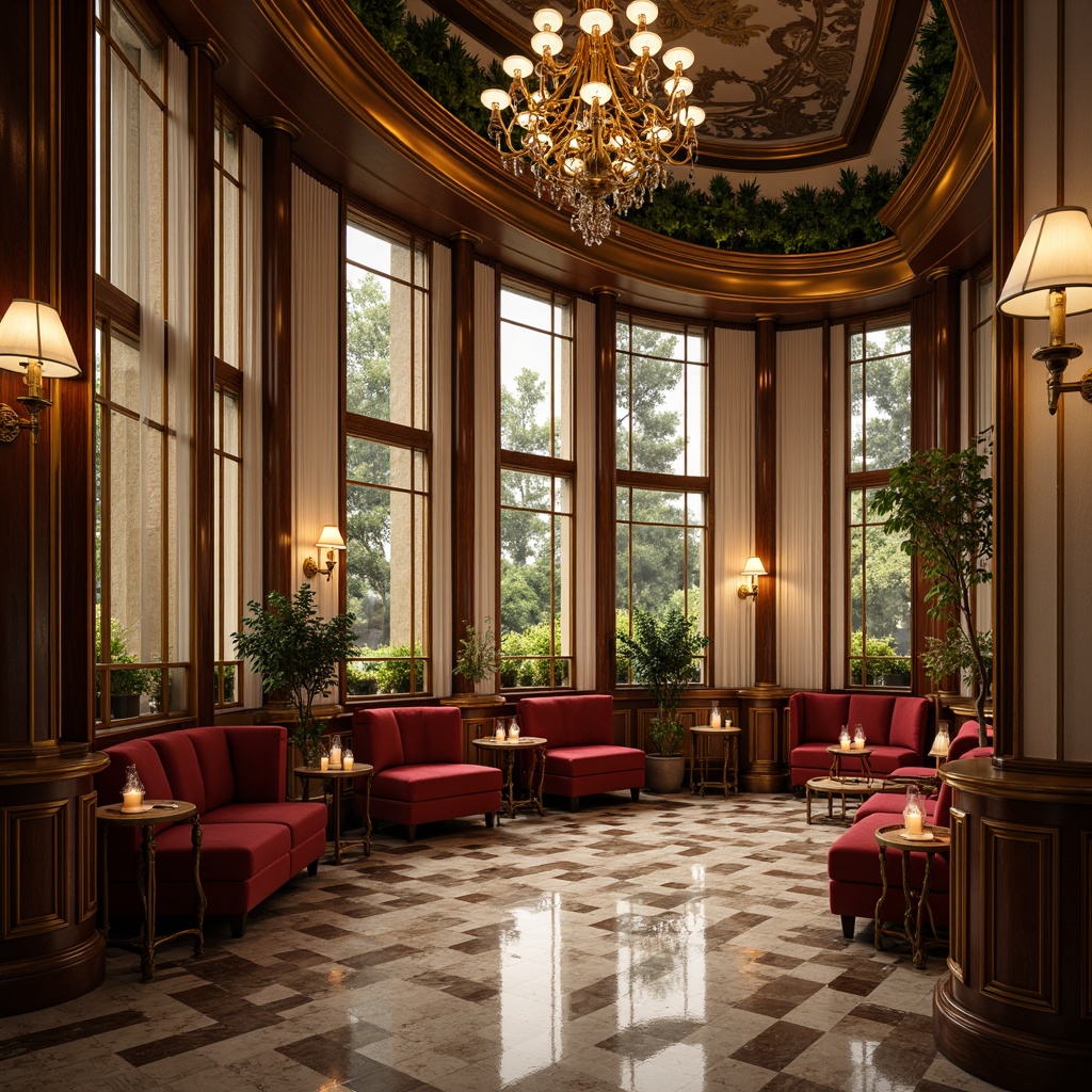 Prompt: Luxurious Art Deco interior, glass partitions, metallic frames, ornate details, glamorous chandeliers, rich wood paneling, velvet upholstery, geometric patterns, marble flooring, sophisticated color palette, warm golden lighting, shallow depth of field, 1/2 composition, soft focus, realistic textures, ambient occlusion.