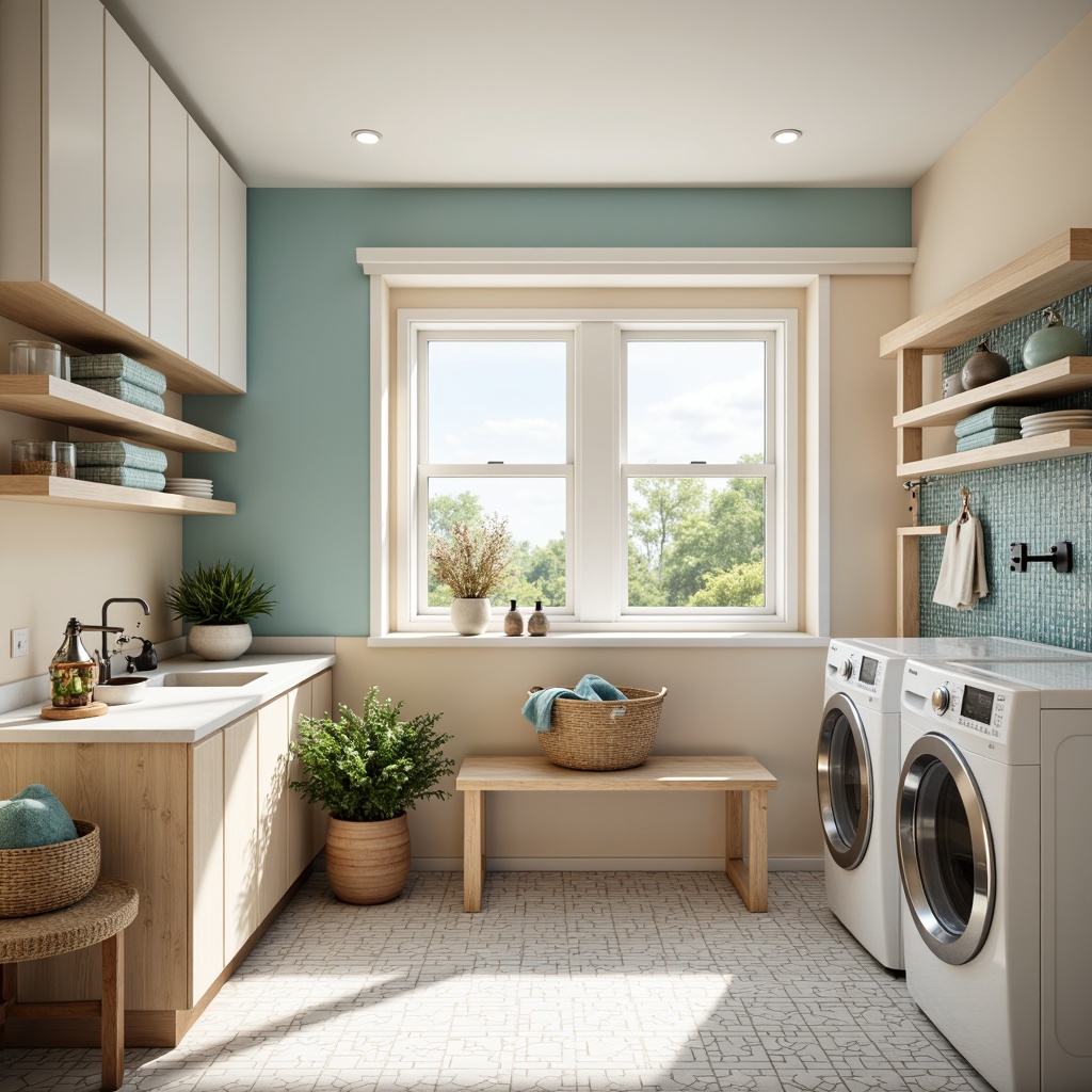 Prompt: Vibrant laundry room, bright whites, pastel hues, soft creams, gentle blues, warm beiges, natural wood tones, sleek metal appliances, modern fixtures, bold accent walls, geometric patterns, hexagonal tiles, subtle texture contrasts, warm ambient lighting, shallow depth of field, 1/1 composition, realistic renderings, ambient occlusion.