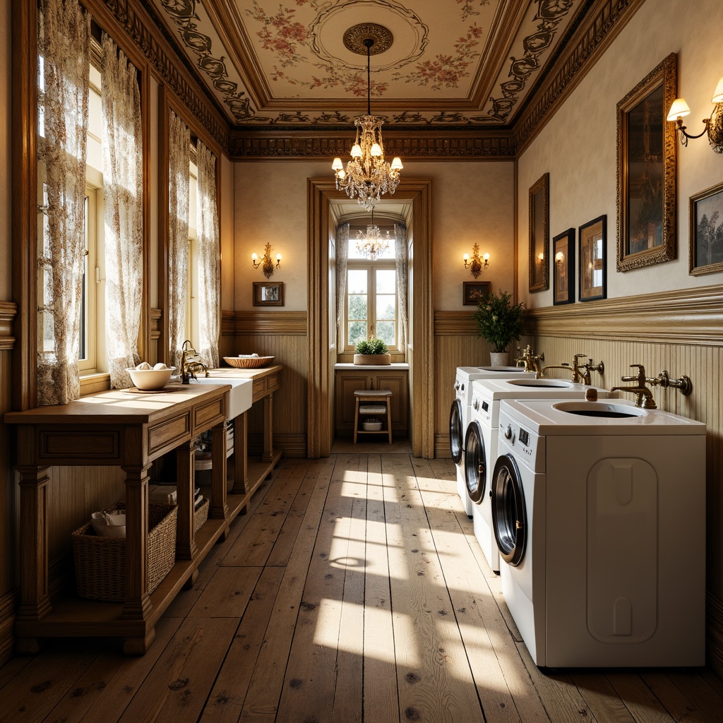 Prompt: \Ornate laundry room, Victorian-era inspired, vintage washing machines, distressed wooden floors, soft warm lighting, crystal chandeliers, elegant pendant lamps, delicate lace curtains, floral patterned wallpaper, rich wood tones, ornamental metalwork, intricate moldings, natural stone countertops, classic porcelain sinks, antique brass faucets, nostalgic color palette, warm beige tones, soft cream hues, 1/2 composition, shallow depth of field, realistic textures, ambient occlusion.\Please let me know if this meets your expectations!