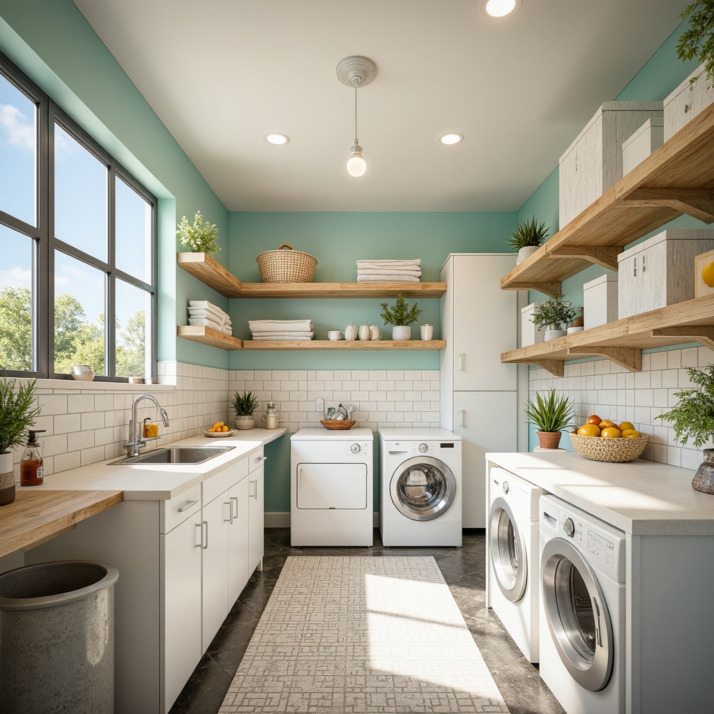 Prompt: Vibrant laundry room, pastel colors, soft whites, creamy beiges, calming blues, warm yellows, natural wood accents, modern appliances, sleek countertops, geometric tile patterns, industrial metal shelves, abundant natural light, airy atmosphere, soft focus, shallow depth of field, 1/1 composition, realistic textures, ambient occlusion.