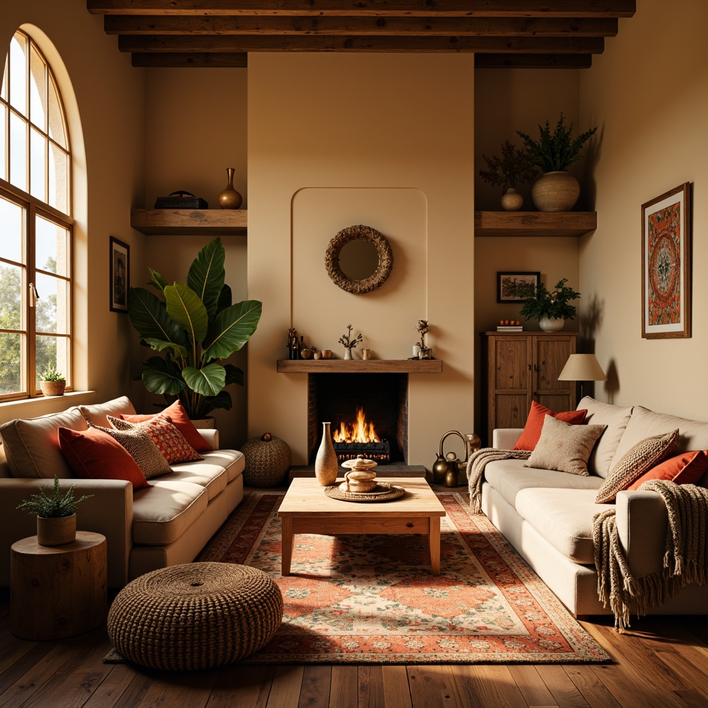 Prompt: Cozy living room, plush throw blankets, soft velvet pillows, warm beige walls, rustic wooden furniture, natural woven fibers, Moroccan-inspired patterns, vibrant colorful accents, luxurious faux fur, chunky knit throws, inviting ambiance, warm golden lighting, shallow depth of field, 1/1 composition, realistic textures.