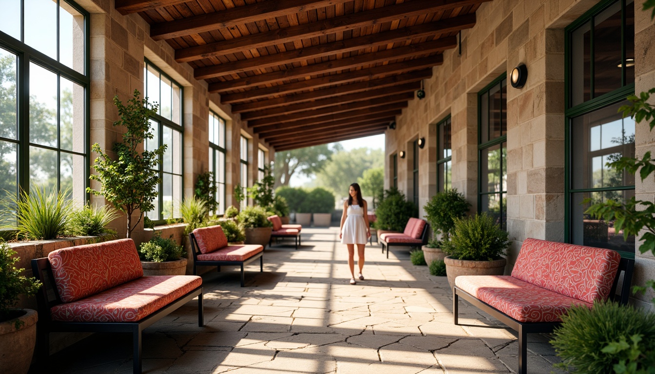 Prompt: Rustic bus station, vernacular architecture, wooden benches, metal frames, comfortable cushions, vibrant colors, patterned textiles, natural stone flooring, exposed brick walls, large windows, soft warm lighting, shallow depth of field, 3/4 composition, panoramic view, realistic textures, ambient occlusion, lush greenery, surrounding trees, sunny day.