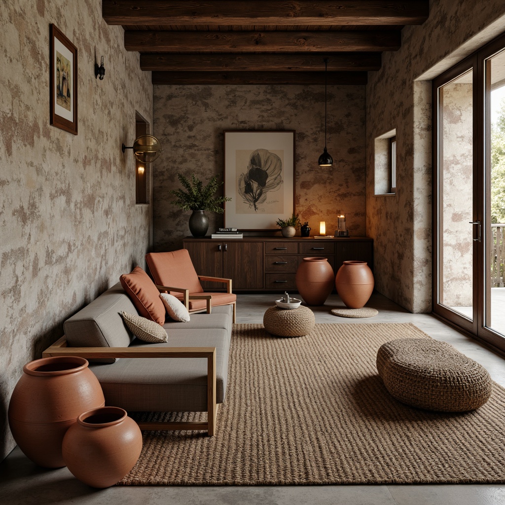 Prompt: Rough stone walls, distressed wood planks, peeling paint, rustic metal accents, woven wicker furniture, natural fiber rugs, earthy terracotta pottery, organic shape sculptures, warm candle lighting, soft focus, shallow depth of field, 2/3 composition, realistic textures, ambient occlusion.