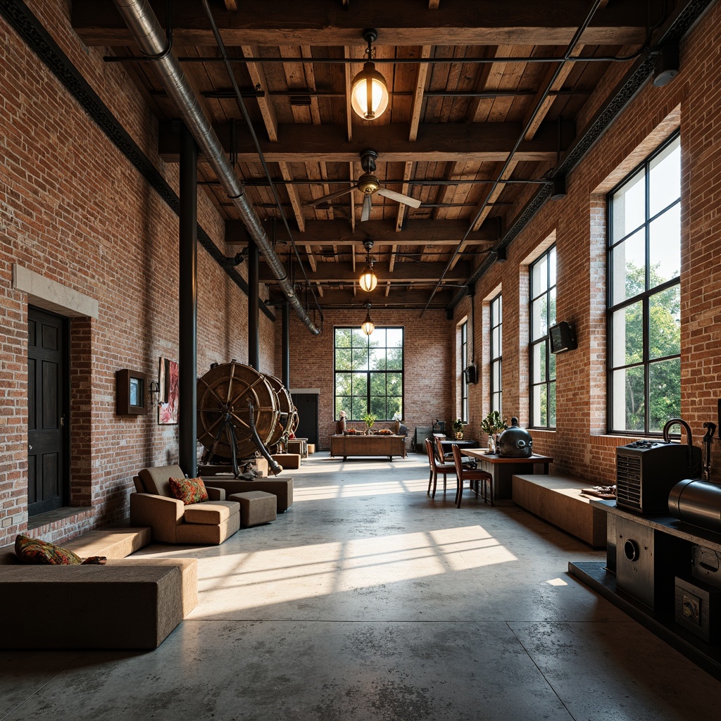 Prompt: Rustic warehouse interior, exposed brick walls, metal beams, reclaimed wood accents, industrial-style lighting fixtures, vintage manufacturing equipment, distressed concrete floors, urban loft atmosphere, natural light pouring in through large windows, warm color tones, shallow depth of field, 1/1 composition, realistic textures, ambient occlusion, gritty urban feel, worn metallic surfaces, old machinery parts, functional pipes and ducts.