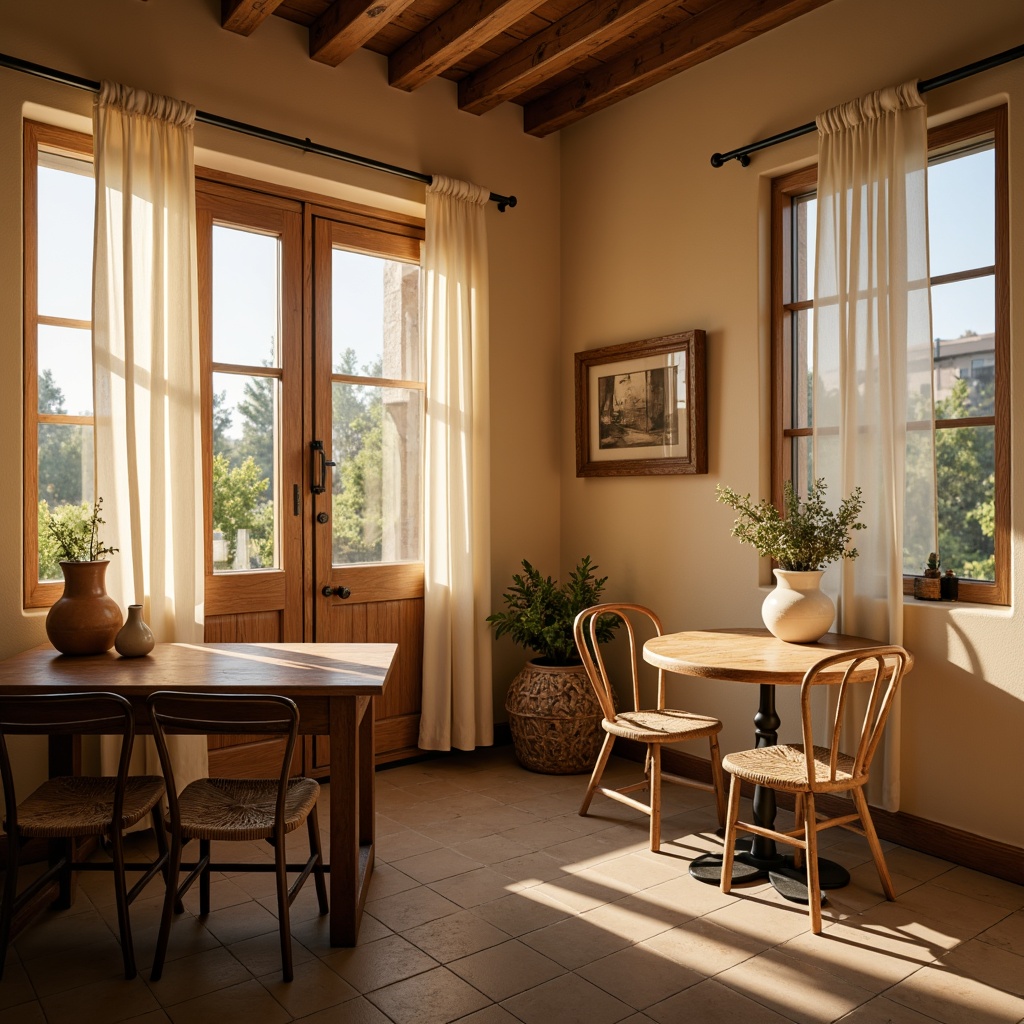 Prompt: Cozy breakfast nook, warm beige walls, rustic wooden tables, vintage metal chairs, soft cream-colored curtains, natural woven baskets, earthy terracotta vases, creamy white ceramics, warm golden lighting, shallow depth of field, 1/2 composition, intimate atmosphere, realistic textures, ambient occlusion.