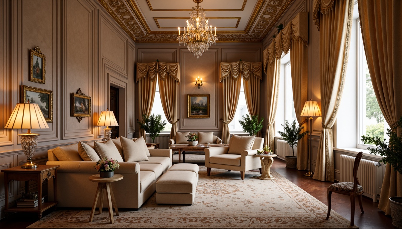 Prompt: Luxurious velvet fabrics, ornate golden embroidery, delicate lace trimmings, soft pastel hues, intricately patterned brocades, lavish silk drapes, richly textured upholstery, curvaceous furniture silhouettes, elegant carved wooden accents, crystal chandelier lighting, warm candlelit ambiance, soft focus photography, shallow depth of field, 1/1 composition, opulent interior design, French Renaissance inspiration, ornamental mirrors, gilded metal fixtures.