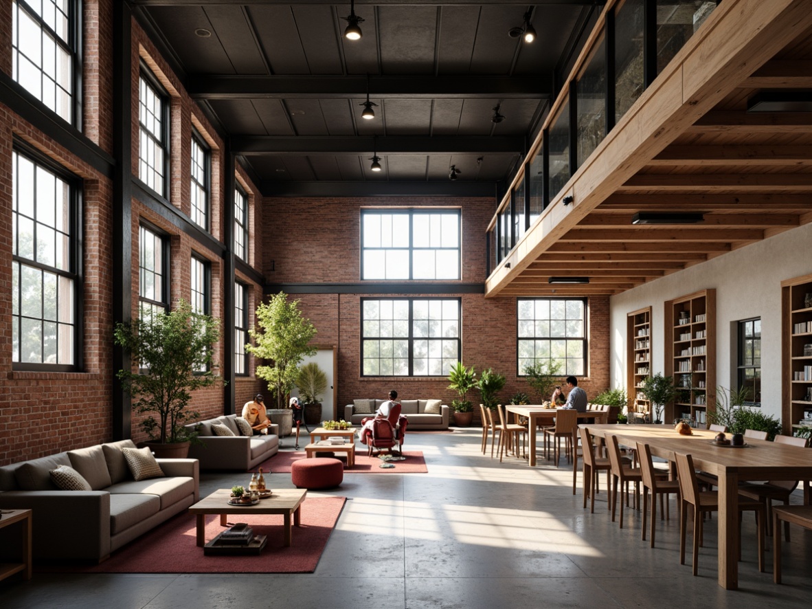 Prompt: Exposed brick walls, industrial metal beams, reclaimed wood accents, polished concrete floors, high ceilings, abundant natural light, warehouse-style windows, steel trusses, minimalist decor, modern furnishings, cozy reading nooks, warm ambient lighting, soft shadows, 1/1 composition, shallow depth of field, realistic textures, atmospheric rendering.