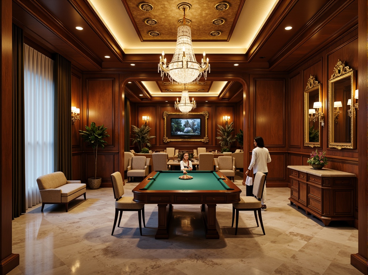 Prompt: Elegant game room, rich wood paneling, ornate mirrors, crystal chandeliers, warm golden lighting, softbox lights, subtle shadows, ambient glow, luxurious fabrics, velvet drapes, marble floors, grandiose columns, intricate moldings, classical motifs, subtle color palette, creamy whites, warm beiges, soft grays, 1/1 composition, realistic textures, cinematic lighting.