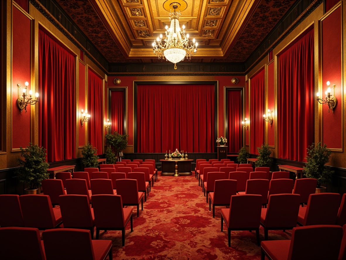 Prompt: Luxurious cinema interior, Art Deco style, rich velvet curtains, ornate gold accents, bold geometric patterns, metallic sheen, lavish furnishings, plush red carpets, opulent chandeliers, intricate moldings, warm golden lighting, soft focus, shallow depth of field, 1/2 composition, cinematic color palette, vibrant jewel tones, deep berry hues, sophisticated neutrals, rich textures, ornate details, nostalgic ambiance.