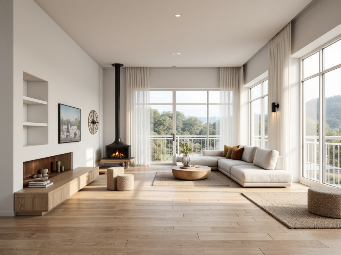 Prompt: Light wood tones, natural oak flooring, white painted walls, minimalist decor, clean lines, Nordic-inspired aesthetic, subtle texture variations, matte finishes, soft warm lighting, 1/1 composition, shallow depth of field, realistic wooden textures, ambient occlusion, open-plan living area, double-height ceiling, floor-to-ceiling windows, cozy reading nooks, woven textiles, natural fiber rugs, earthy color palette.