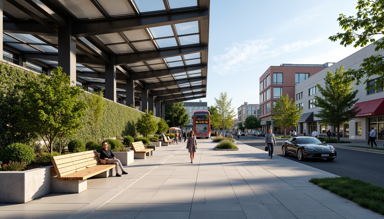 Prompt: Modern bus station, sleek metal framework, glass roofs, industrial-style lighting, polished concrete floors, wooden benches, vibrant greenery, living walls, natural stone columns, urban landscape, busy streets, morning commute, warm sunny day, shallow depth of field, 1/1 composition, realistic textures, ambient occlusion.