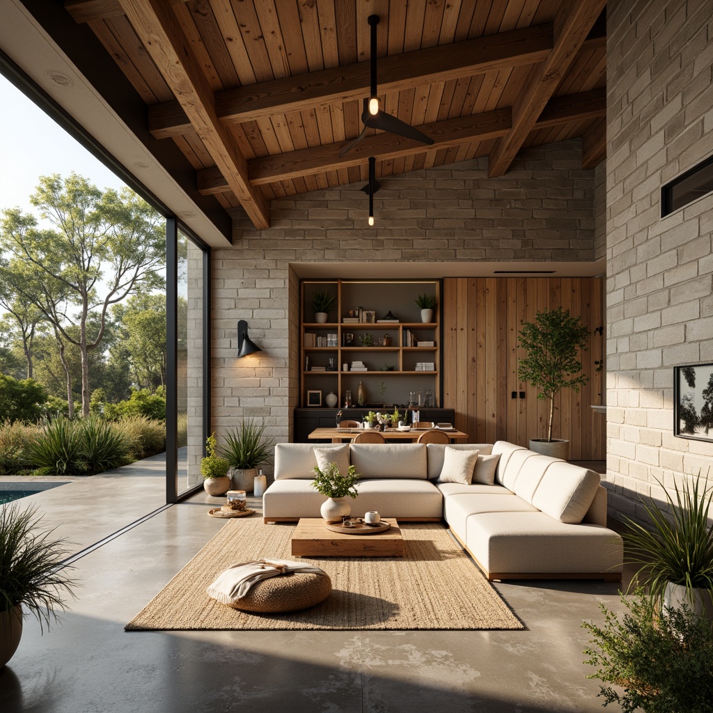 Prompt: Rustic farmhouse, open-plan living space, sleek modern lines, wooden accents, natural stone walls, large windows, sliding glass doors, minimalist decor, industrial-style lighting, polished concrete floors, warm beige color scheme, cozy reading nook, built-in shelving, plush sofas, vintage farm tools, distressed wood furniture, lush greenery, potted plants, natural textiles, woven baskets, warm afternoon light, soft shadows, 1/2 composition, realistic textures, ambient occlusion.