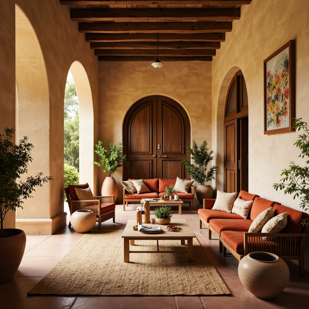 Prompt: Warm beige walls, rustic stone textures, curved archways, ornate wooden doors, distressed wood furniture, plush velvet upholstery, soft golden lighting, woven rattan baskets, colorful ceramic vases, lush greenery, natural fiber rugs, earthy terracotta pots, warm sunny day, shallow depth of field, 1/1 composition, realistic textures, ambient occlusion.