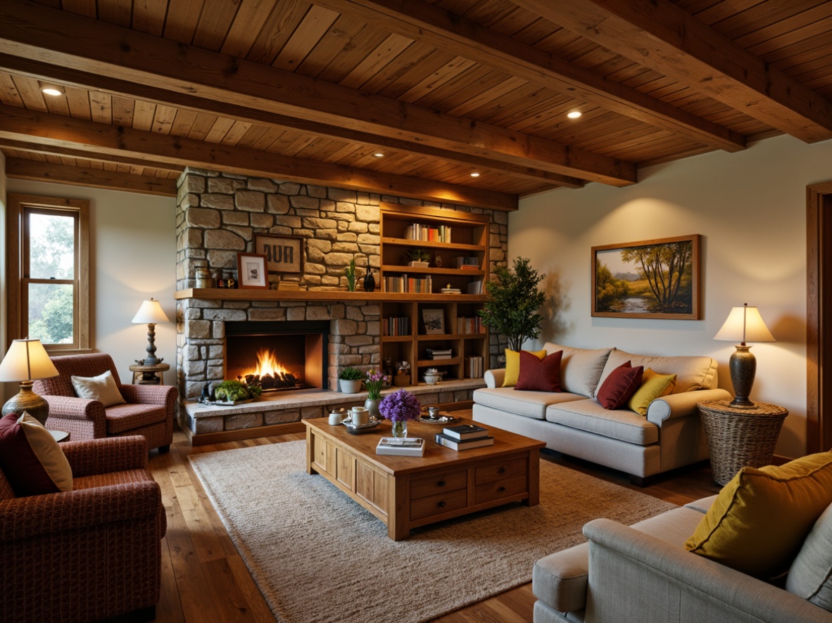 Prompt: Cozy living room, wooden furniture, earthy tones, comfortable sofas, plush armchairs, rustic coffee tables, vintage lamps, natural textiles, woven baskets, stone fireplaces, wooden ceiling beams, warm ambient lighting, shallow depth of field, 2/3 composition, soft focus, realistic wood grain textures, craftsman-inspired decor, leather-bound books, nature-inspired artwork, warm beige walls, plush area rugs, comfortable throw pillows.