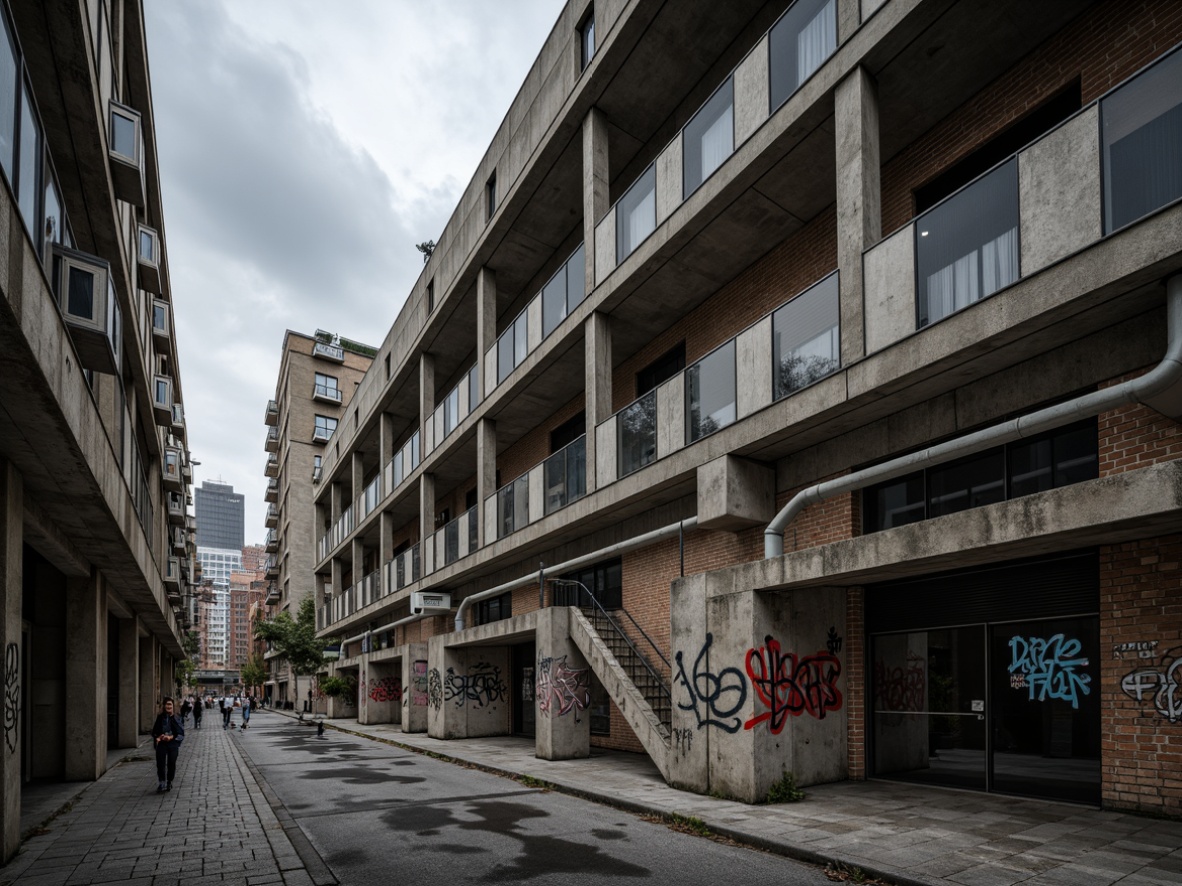 Prompt: Gritty high school building, brutalist architecture, raw concrete walls, industrial metal beams, exposed ductwork, urban cityscape, overcast sky, dramatic shadows, cold harsh lighting, bold graffiti accents, distressed wood textures, rugged stone floors, functional minimalism, utilitarian design, stark geometric forms, monochromatic color scheme, muted earth tones, weathered steel surfaces, faded signage, retro-futuristic vibe, cinematic atmosphere, low-angle photography, high-contrast rendering.