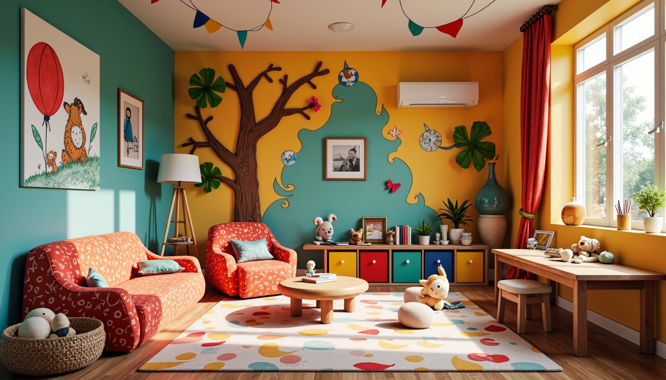 Prompt: Vibrant kids' room, whimsical expressionist furniture, curved lines, bold colors, playful patterns, soft cushions, plush toys, wooden tables, colorful chairs, wavy shelves, creative storage bins, fantasy-inspired decor, dreamy lighting, warm textures, cozy reading nook, lively wall art, imaginative illustrations, joyful atmosphere, shallow depth of field, 1/2 composition, realistic renderings, ambient occlusion.