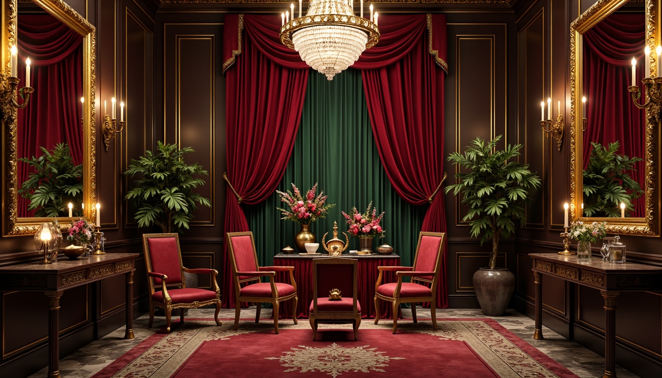 Prompt: Rich velvet drapes, ornate golden frames, lavish crystal chandeliers, intricate marble patterns, opulent silk fabrics, regal crimson reds, majestic navy blues, sumptuous emerald greens, dramatic black accents, warm candlelight, soft focal lighting, subtle gradient effects, 1/1 composition, symmetrical balance, classic still-life arrangements, exquisite antique furnishings, luxurious upholstery, grandiose architectural details.