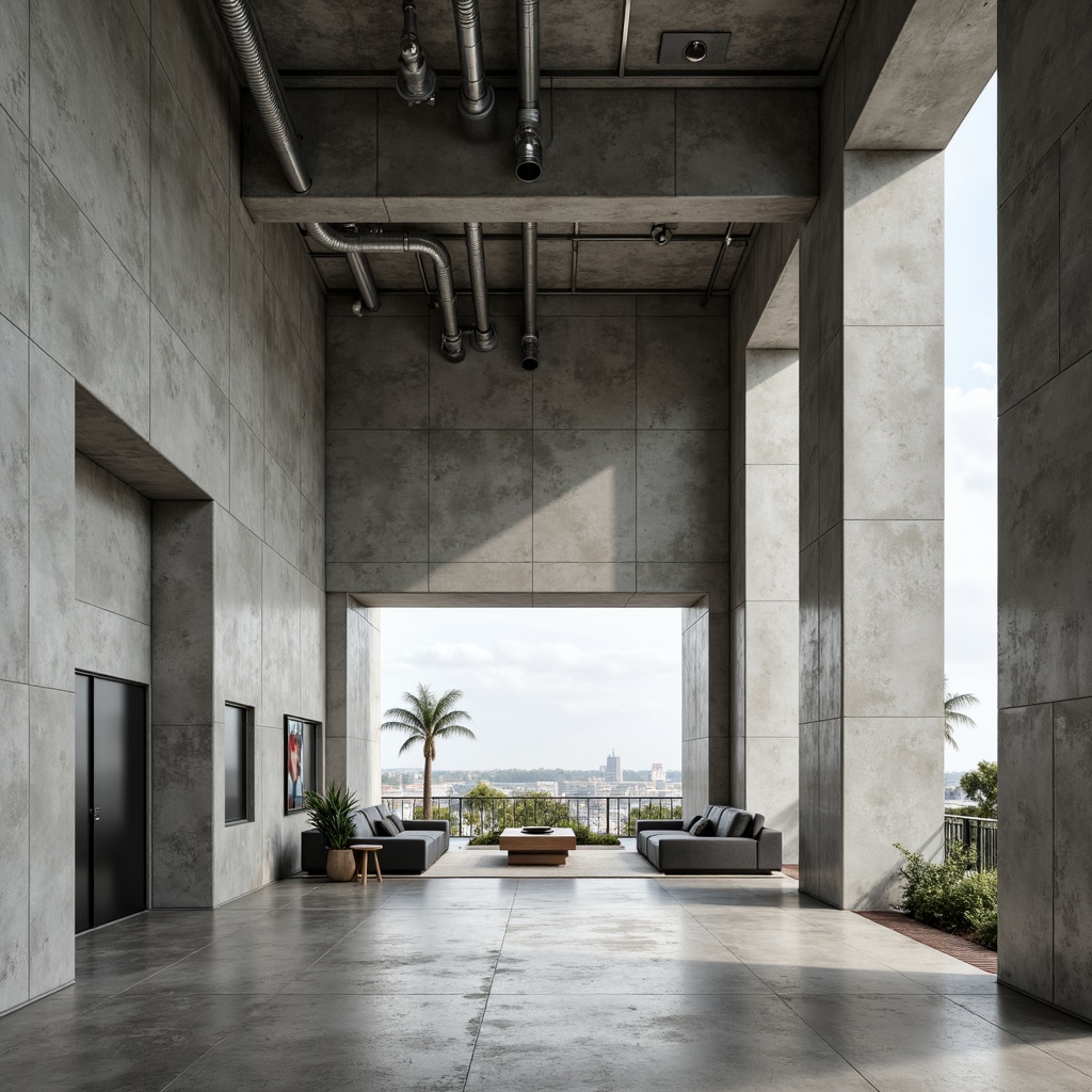 Prompt: Bare concrete walls, exposed ductwork, industrial metal beams, minimalist furnishings, monochromatic color scheme, abundant natural light, open floor plans, functional corridors, brutalist architecture, geometric shapes, raw textures, subtle gradient effects, soft ambient lighting, shallow depth of field, 1/1 composition, realistic materials, ambient occlusion.