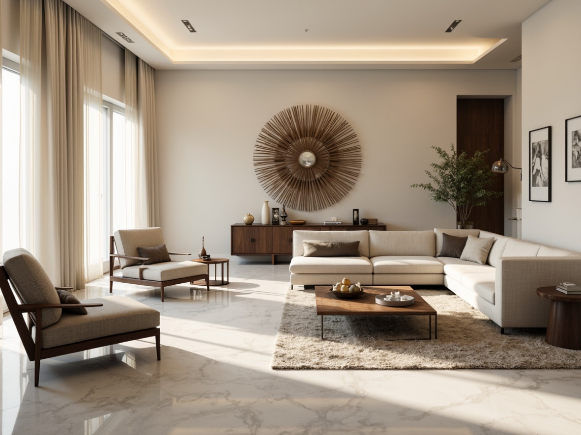 Prompt: Luxurious living room, sleek surfaces, polished marble floors, glossy wooden furniture, matte metal accents, soft ambient lighting, creamy white walls, minimalist decor, modern low-profile sofas, velvety smooth upholstery, subtle texture contrasts, 1/1 composition, shallow depth of field, warm neutral color palette, sophisticated atmosphere.