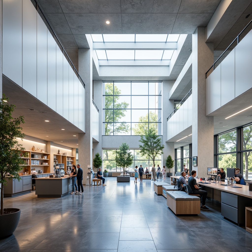 Prompt: Vibrant science center interior, abundant natural lighting, floor-to-ceiling windows, clerestory windows, skylights, reflective white walls, polished concrete floors, minimalist decor, futuristic lab equipment, interactive exhibits, educational displays, open floor plan, collaborative workspaces, flexible seating areas, ergonomic furniture, dynamic LED lighting, soft warm ambiance, shallow depth of field, 1/1 composition, panoramic view, realistic textures, ambient occlusion.