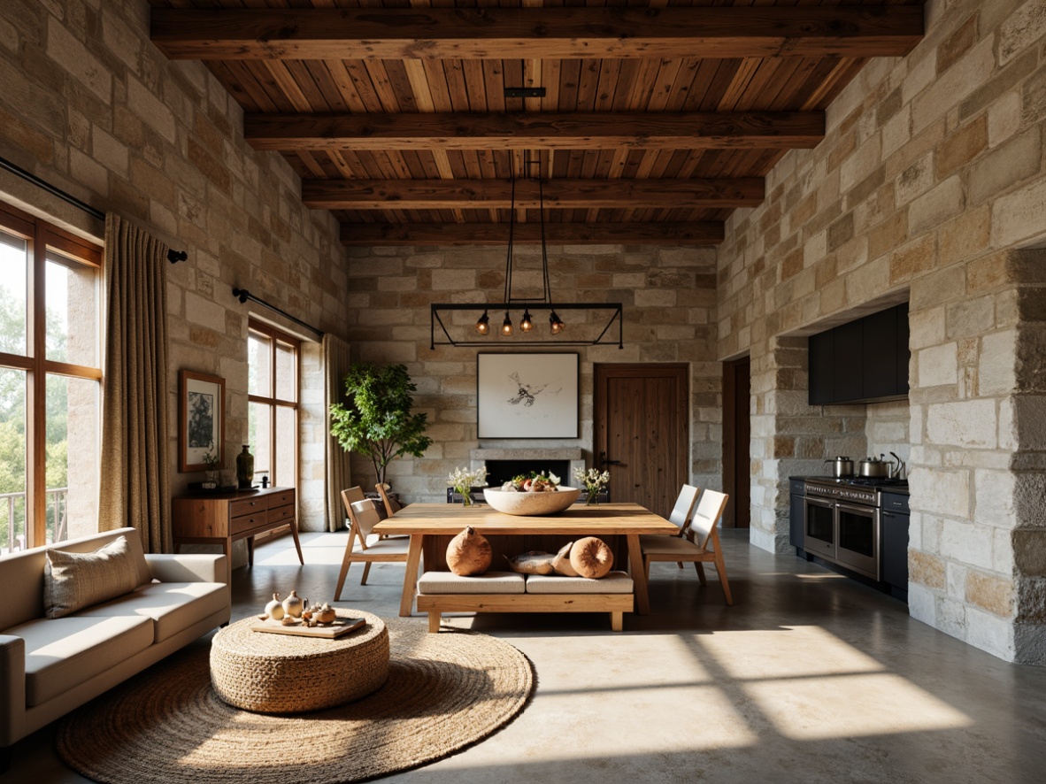 Prompt: Rustic farmhouse interior, reclaimed wood accents, natural stone walls, earthy color palette, woven textiles, vintage metal fixtures, industrial-style lighting, sleek minimalist decor, modern streamline furniture, polished concrete floors, matte black appliances, soft warm glow lighting, shallow depth of field, 2/3 composition, realistic textures, ambient occlusion.