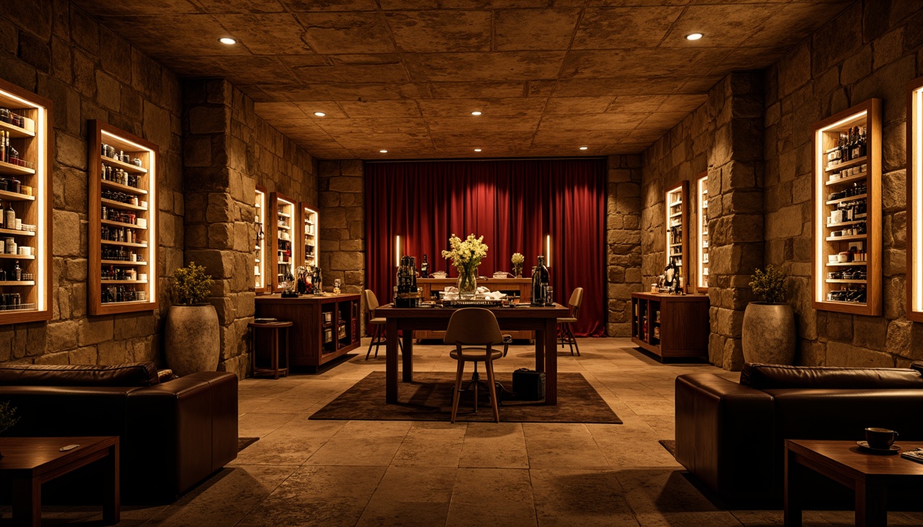 Prompt: Intimate wine cellar, rustic stone walls, dimly lit atmosphere, warm golden lighting, wooden wine racks, glass-enclosed wine displays, rich leather furnishings, velvet drapes, soft instrumental music, gentle humidity, temperature-controlled environment, dramatic spotlights, subtle shadows, ambient glow, cozy seating areas, elegant metal accents, sophisticated color palette, refined textures, 1/1 composition, warm color grading, cinematic lighting.