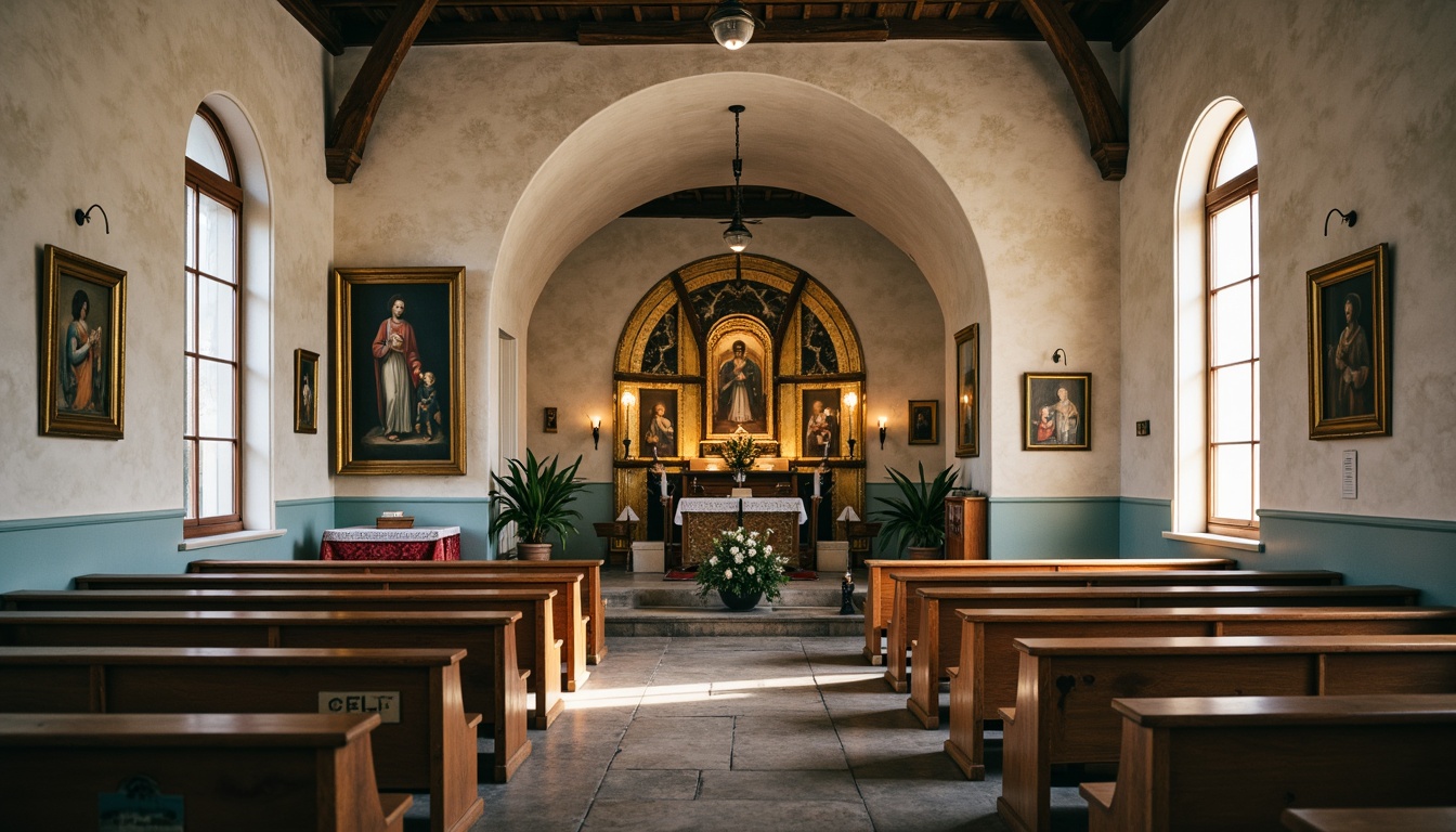 Prompt: Softly lit chapel, distressed wooden pews, vintage religious icons, ornate golden frames, creamy white walls, pale blue accents, faded floral patterns, worn velvet fabrics, antique bronze fixtures, rustic stone floors, warm candlelight, soft focus, shallow depth of field, 1/1 composition, intimate atmosphere, subtle textures, ambient occlusion.