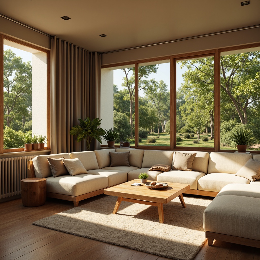 Prompt: Cozy family room, warm beige walls, comfortable sectional sofa, plush throw pillows, natural wood coffee table, soft cream-colored rug, floor-to-ceiling windows, lush greenery views, sunny afternoon, gentle warm lighting, 1/1 composition, intimate atmosphere, realistic textures, ambient occlusion.