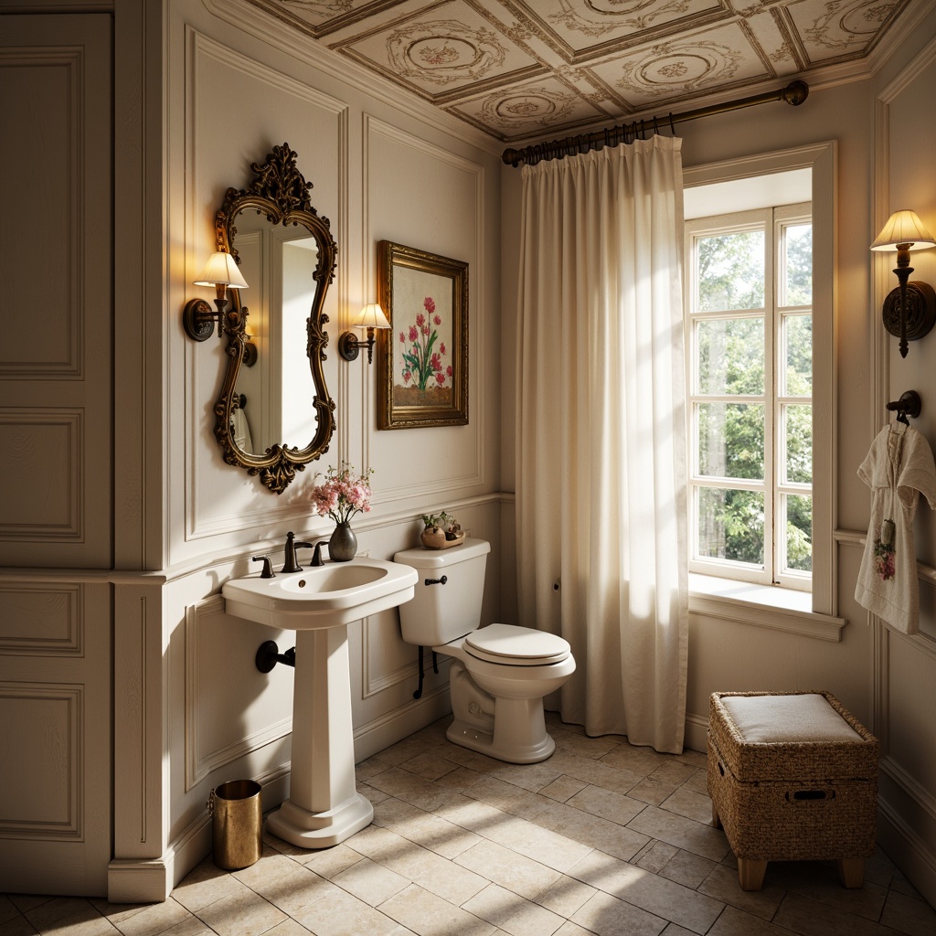 Prompt: Rustic powder room, distressed wood accents, soft cream walls, vintage decorative mirrors, ornate gold frames, delicate florals, romantic candlelight, plush velvet drapes, antique furnishings, worn stone floors, cozy alcoves, soft pastel hues, warm beige tones, elegant wall sconces, beautiful fresco ceilings, charming French country charm, inviting intimate atmosphere, soft focus, warm golden lighting, 1/2 composition, ornate details, realistic textures.