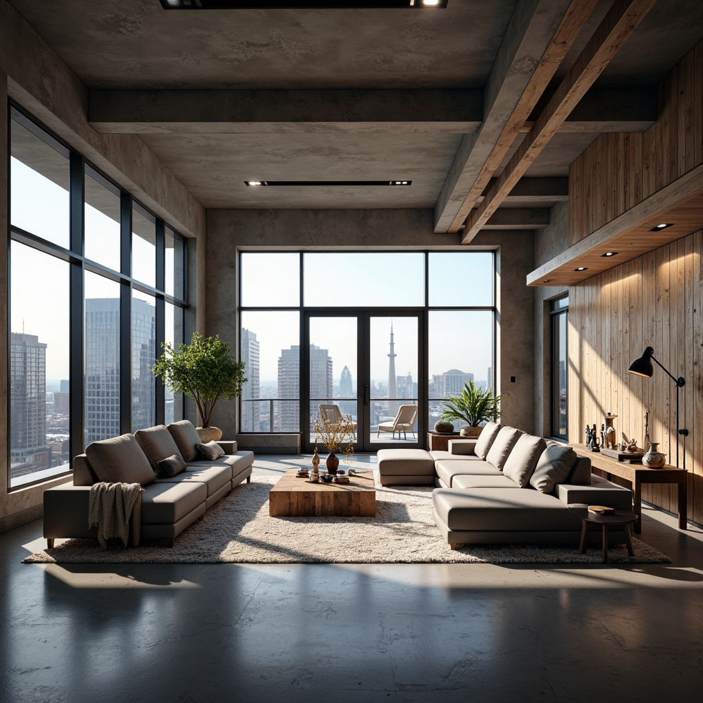 Prompt: Luxurious penthouse, open floor plan, sleek modern furniture, high ceilings, floor-to-ceiling windows, city skyline views, minimalist decor, neutral color palette, polished concrete floors, industrial chic accents, metal beams, reclaimed wood features, sophisticated lighting fixtures, panoramic vistas, 1/1 composition, dramatic shadows, warm ambient glow, realistic materials, advanced rendering techniques.